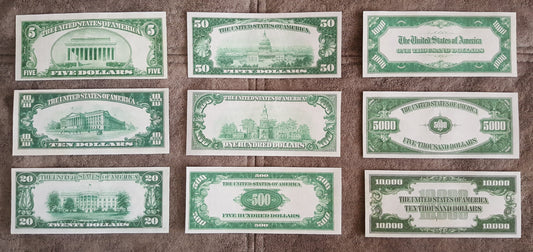 US 1928 Series Federal Reserve Notes complete set reverse greenback back view