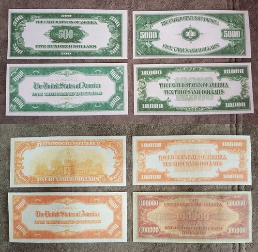 US 1934 high denomination Federal Reserve Notes and Gold Certificates complete set reverse back view showing greenback and orange back designs