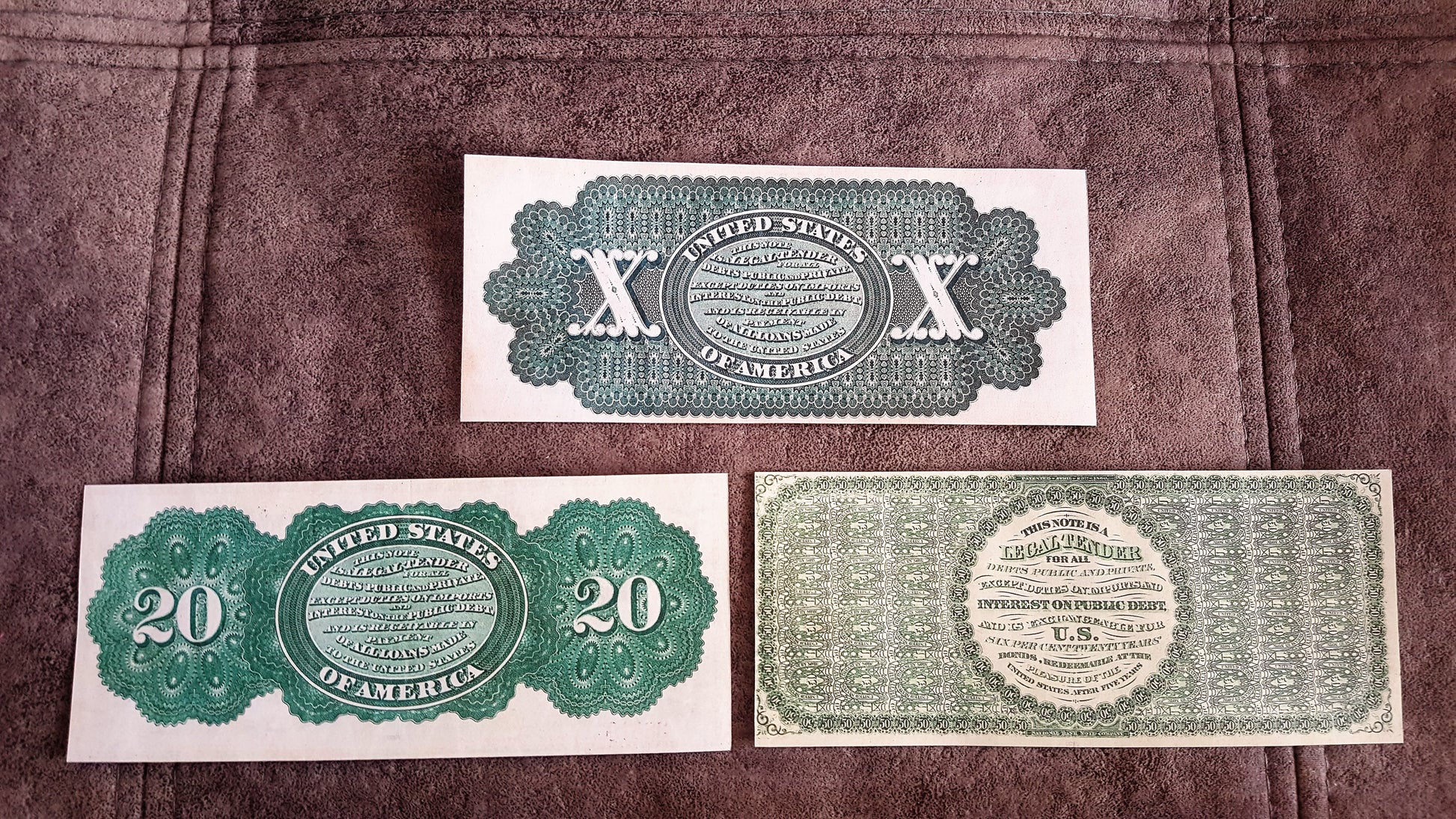 20 Dollar and 50 Dollar 1862 US Legal Tender Notes back