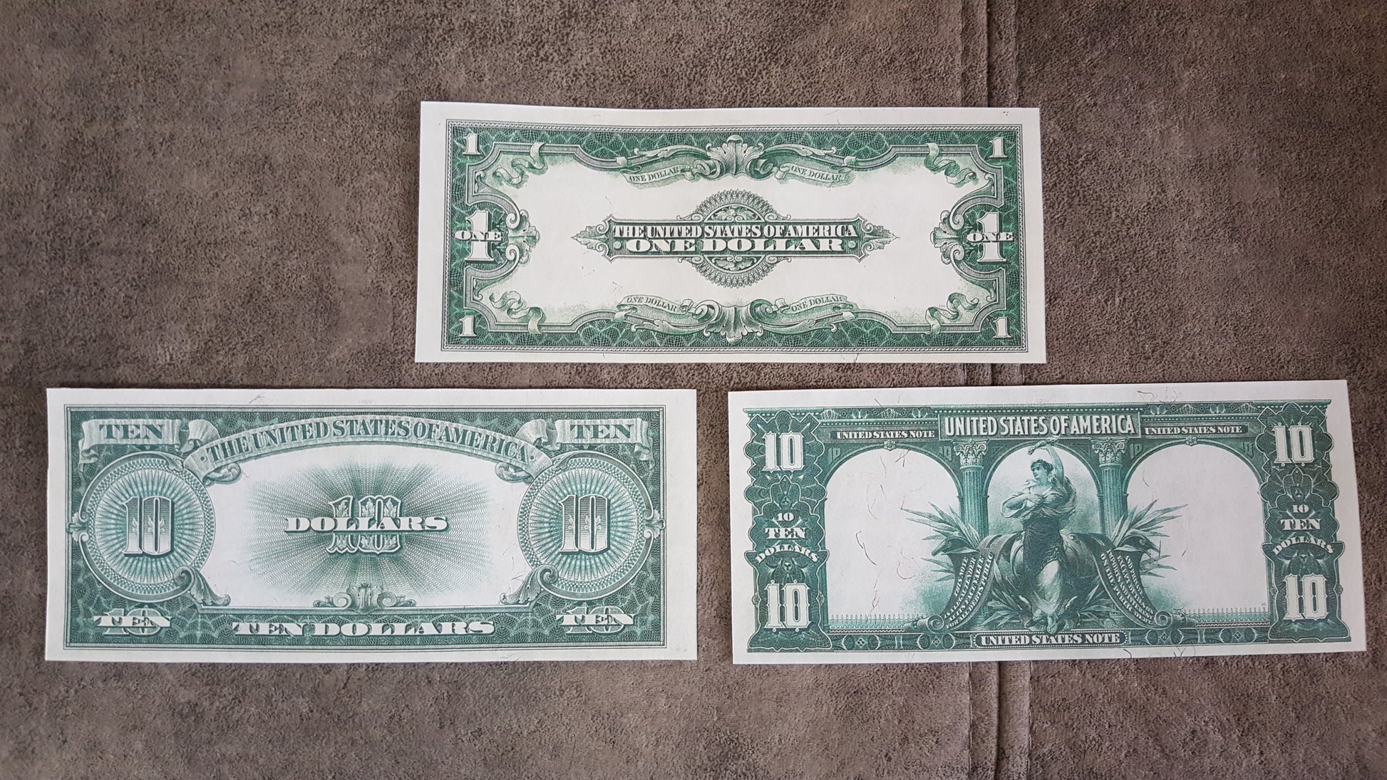 1 Dollar and 10 Dollar 1901 and 1923 US Banknotes Reverse Side