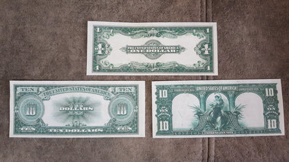 1 Dollar and 10 Dollar 1901 and 1923 US Banknotes Reverse Side