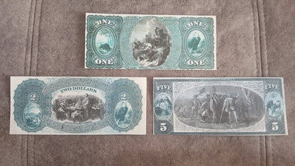 1 Dollar and 2 Dollar and 5 Dollar 1875 US National Banknotes Reverse Side