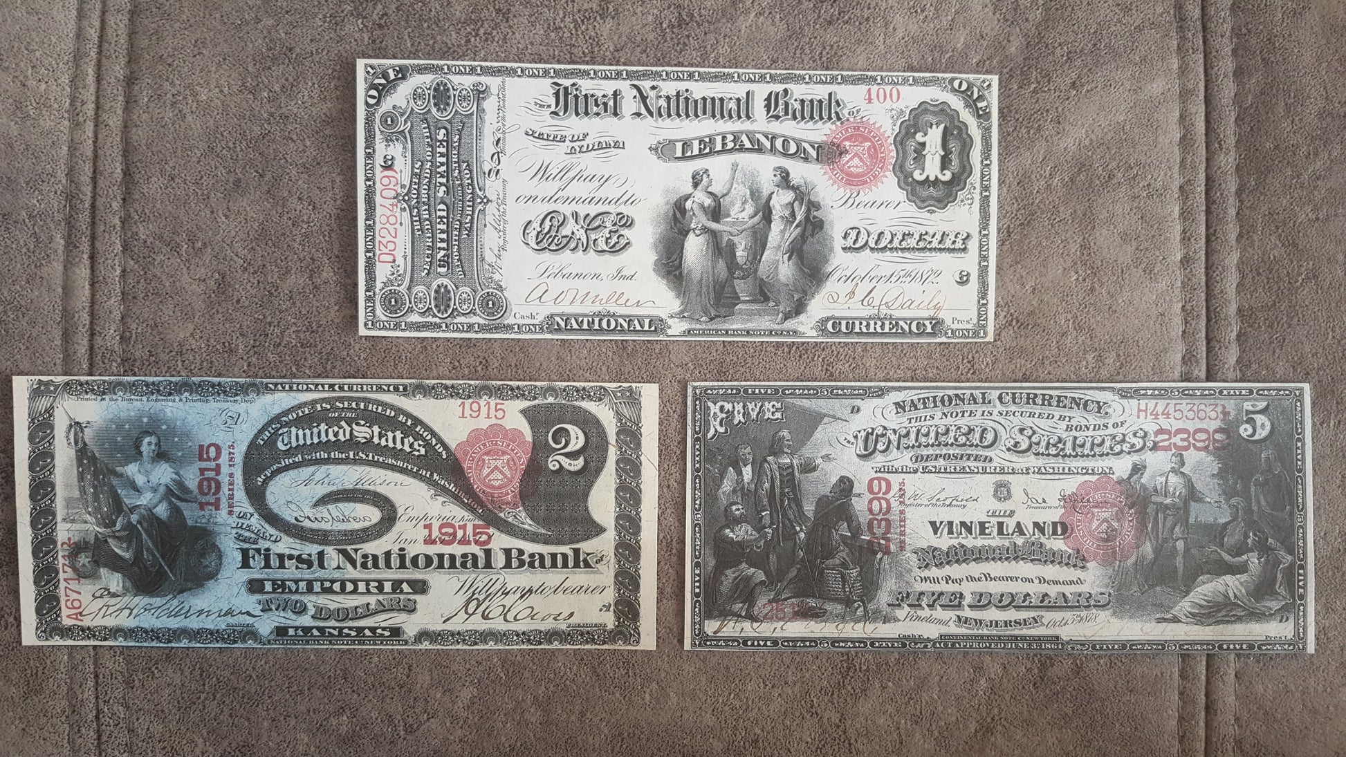 1 - 2 Dollar and 5 Dollar 1875 US National Banknotes