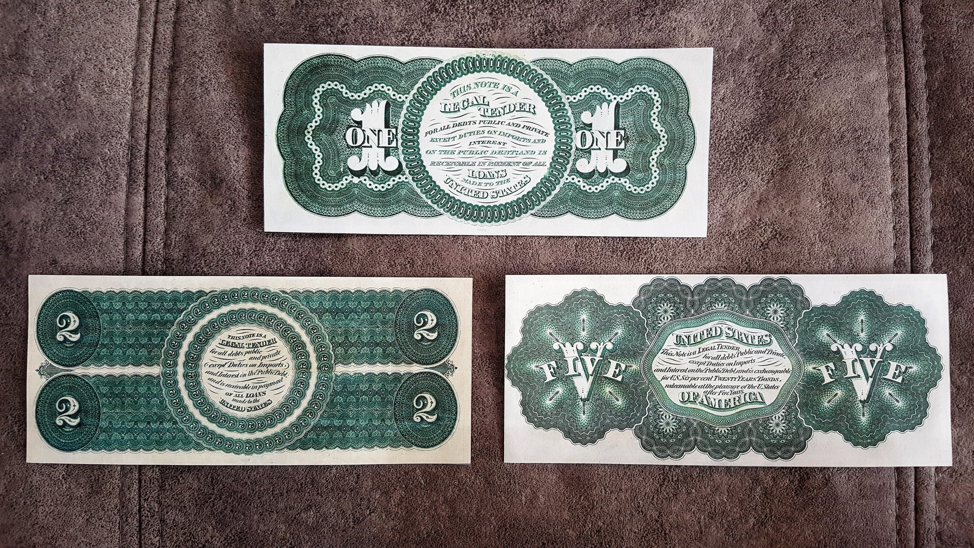 1 Dollar Chase and 2 Dollar Hamilton 1862 US Legal Tender Notes back