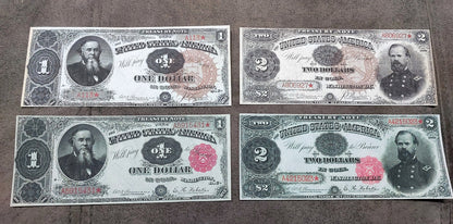 1 and 2 Dollar 1890 US Treasury Notes Big Brown Sun Seal and Small Red Flower Seal
