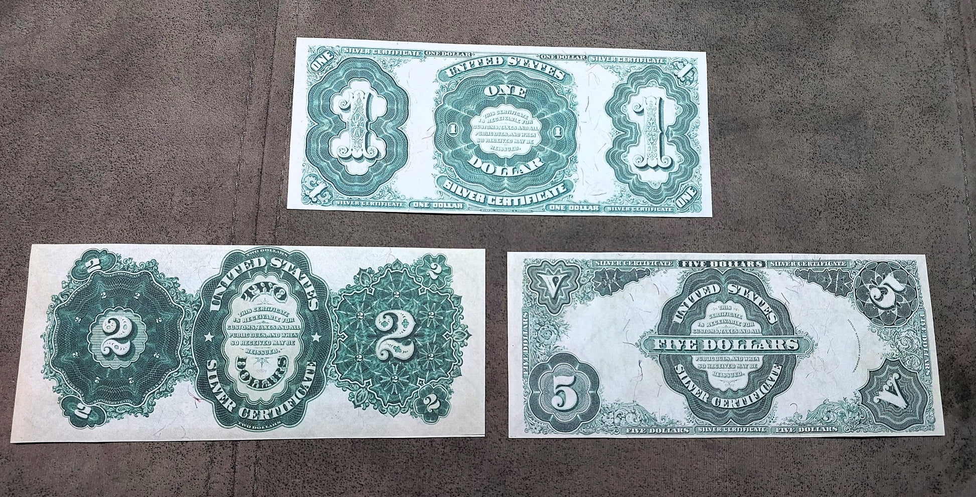 1 Dollar and 2 Dollar 1891 US Silver Certificates Reverse Side
