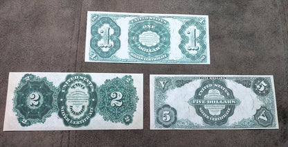 1 Dollar and 2 Dollar 1891 US Silver Certificates Reverse Side