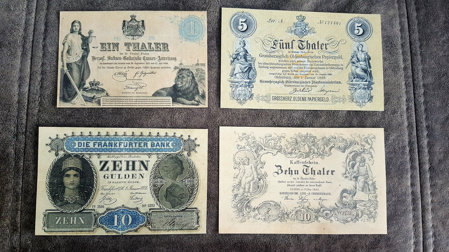 1 Thaler 1858 and 1 Thaler 1860 Old German States Historic Banknotes