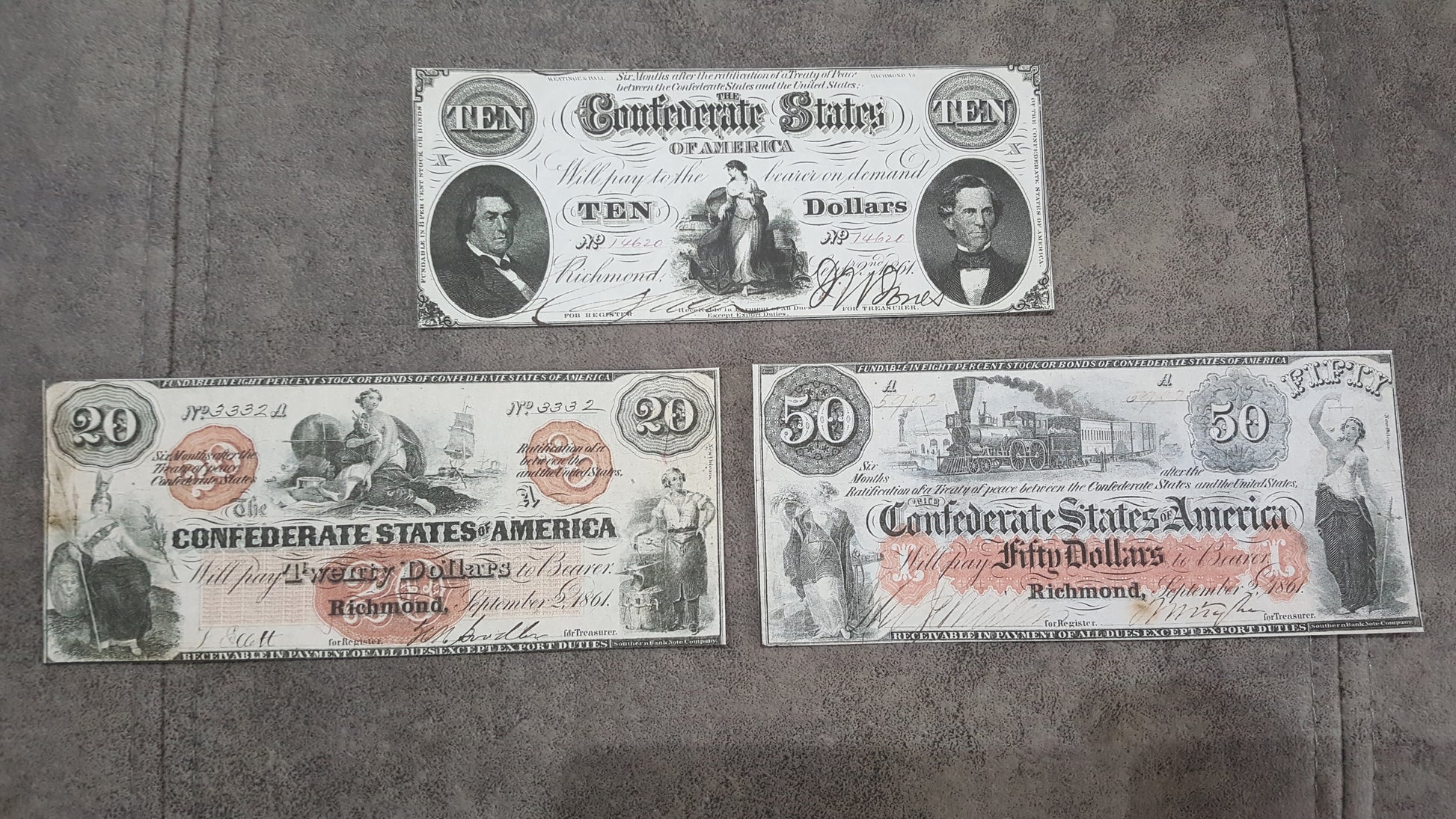 20 Dollar and 50 Dollar 1862 Confederate States Notes Red Detail