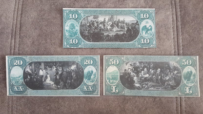 10 and 20 Dollar and 50 Dollar 1875 US National Banknotes Reverse Side