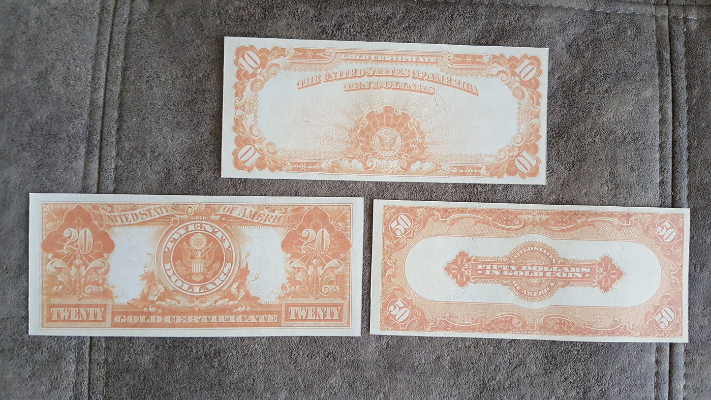 10 Dollar and 20 Dollar 1922 US Gold Certificates Orange Reverse