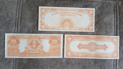 10 Dollar and 20 Dollar 1922 US Gold Certificates Orange Reverse