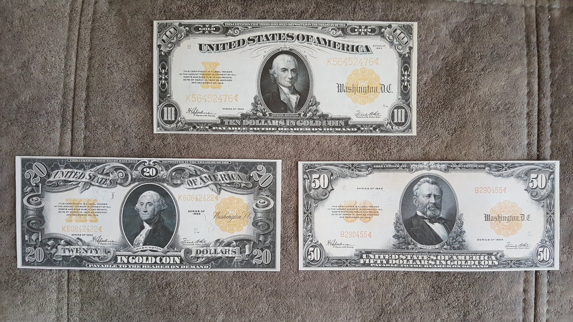 10 Dollar and 20 Dollar 1922 US Gold Certificates