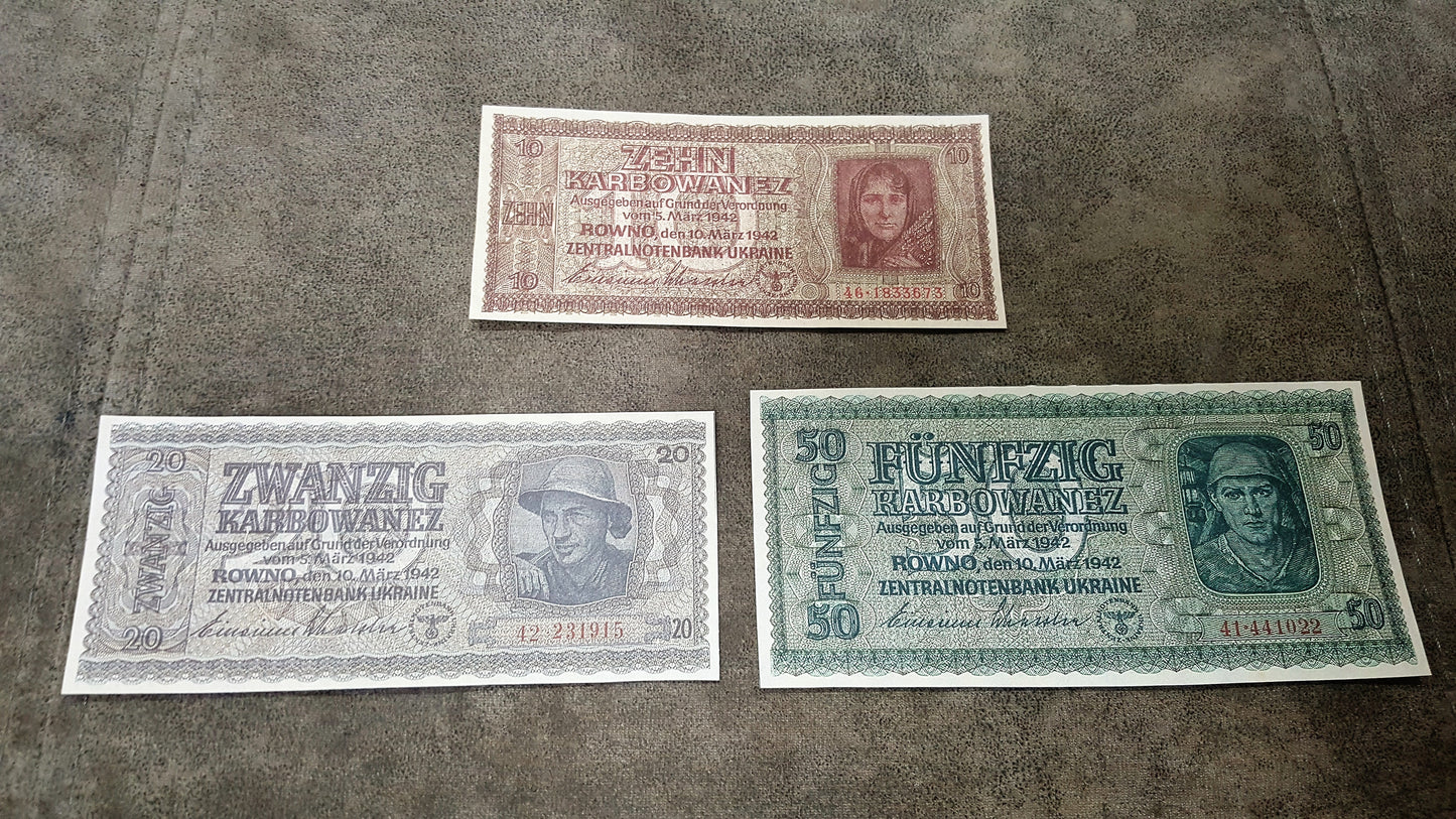 10 Karbovanetz and 20 Karbovanetz 1942 Ukraine German Occupation Banknotes