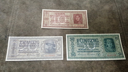 10 Karbovanetz and 20 Karbovanetz 1942 Ukraine German Occupation Banknotes