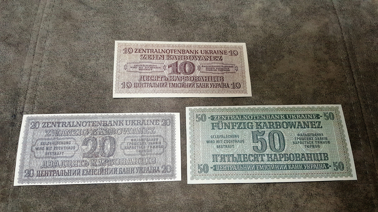 10 Karbovanetz and 20 Karbovanetz 1942 Ukraine German Occupation Banknotes back