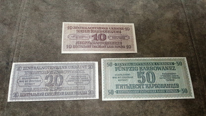 10 Karbovanetz and 20 Karbovanetz 1942 Ukraine German Occupation Banknotes back