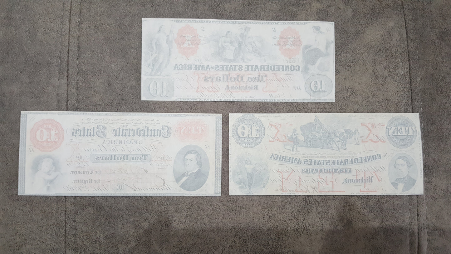 10 Dollar 1861 and 1861-1862 Confederate States Notes Reverse Side