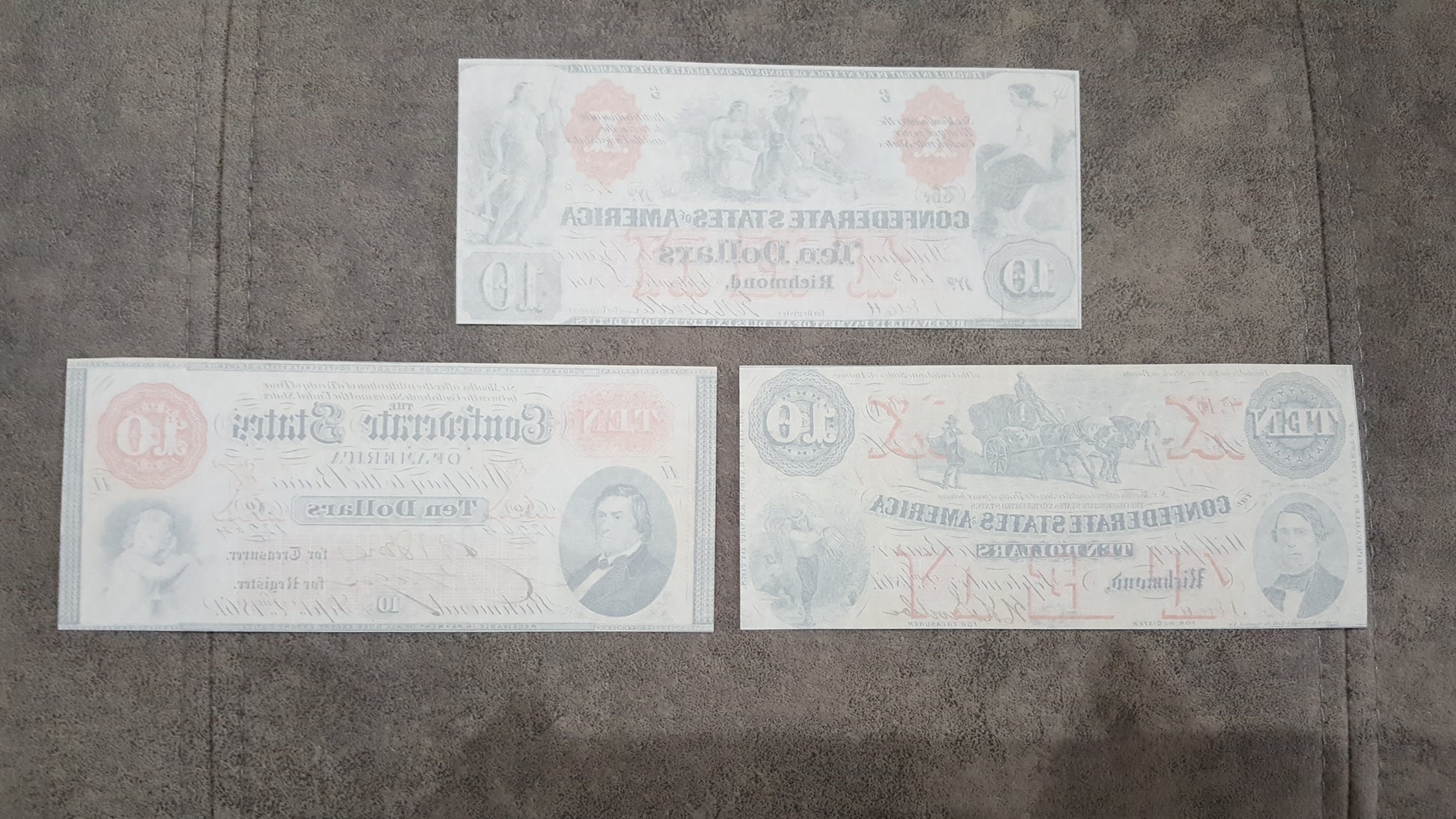 10 Dollar 1861 and 1861-1862 Confederate States Notes Reverse Side