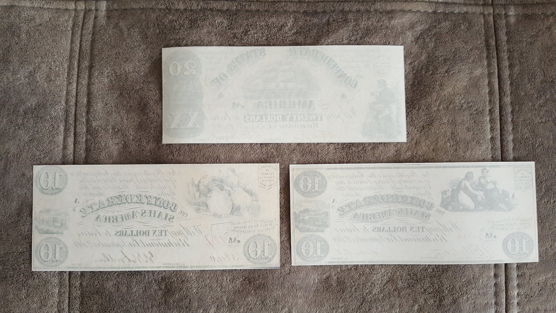 10 Dollar 1861 and 1862 Confederate States Notes Reverse Side