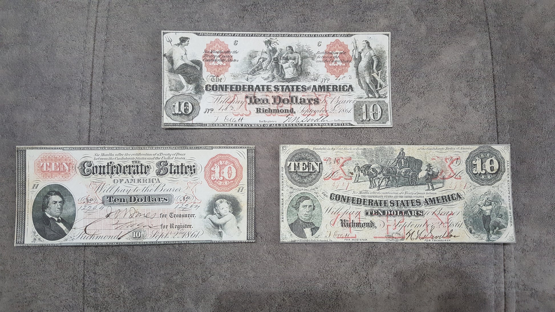 10 Dollar 1861 and 1861-1862 Confederate States Notes Red Set