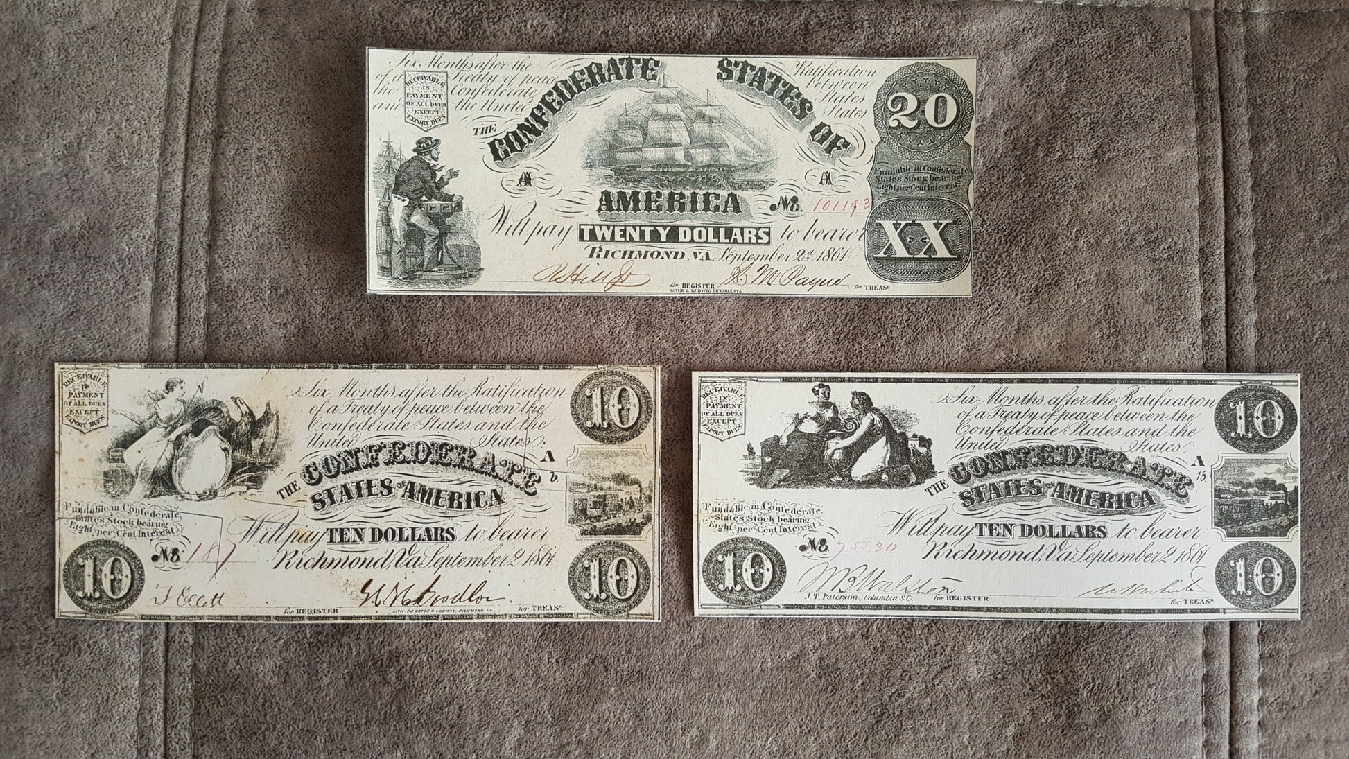 10 Dollar 1861 and 1862 Confederate States Notes