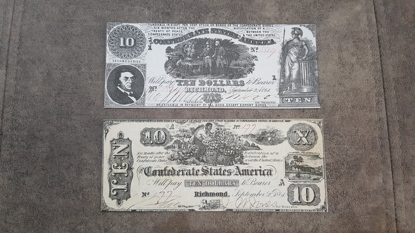 10 Dollar 1862 Type A, Type B and Type C Confederate States Notes