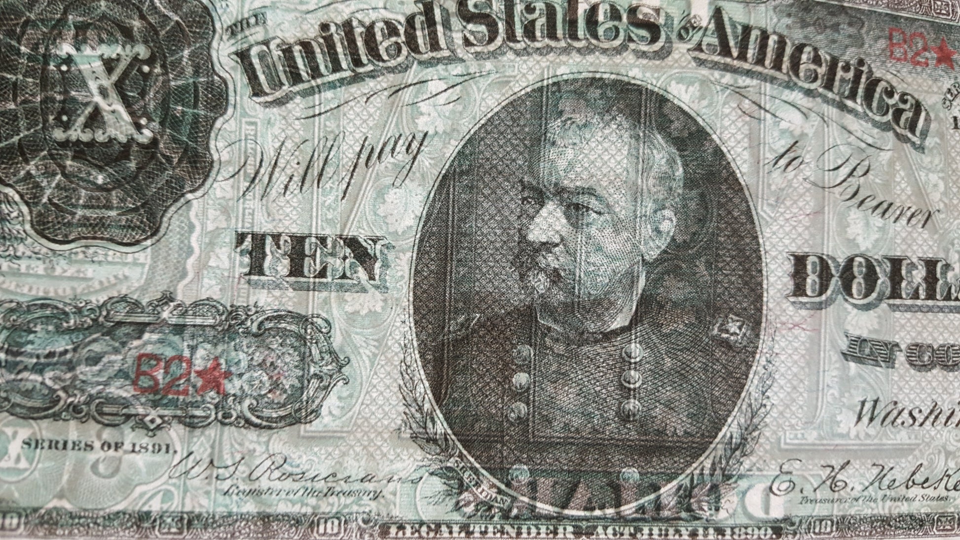 10 Dollar 1890 US Treasury Note Historic Design Close Up