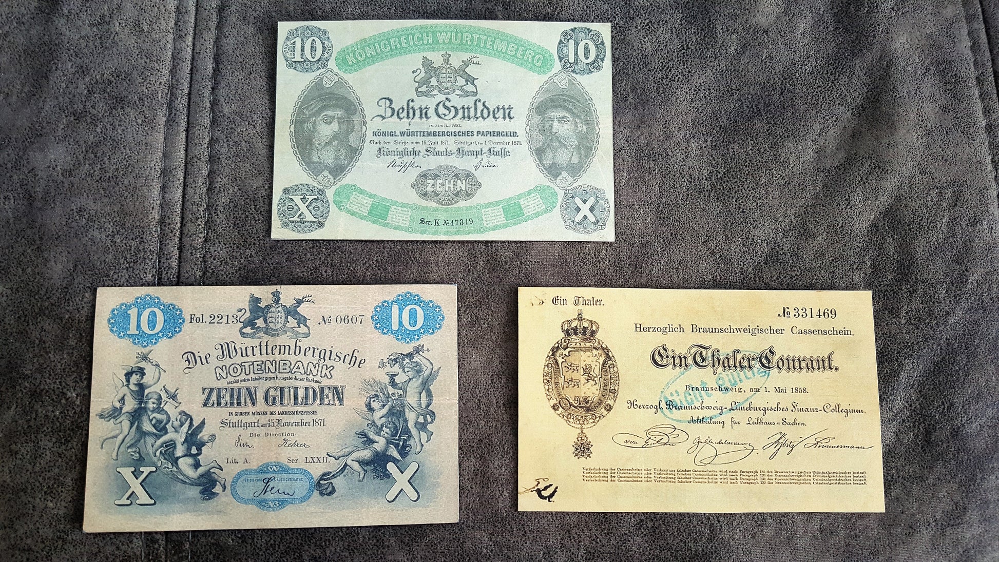 10 Thaler 1855 and 10 Thaler 1869 Old German States Historic Banknotes