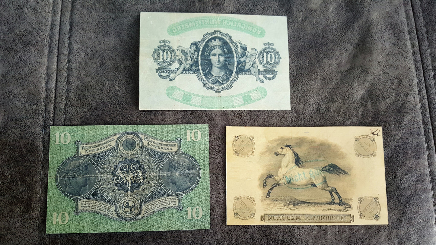10 Thaler 1855 and 10 Thaler 1869 Old German States Historic Banknotes back