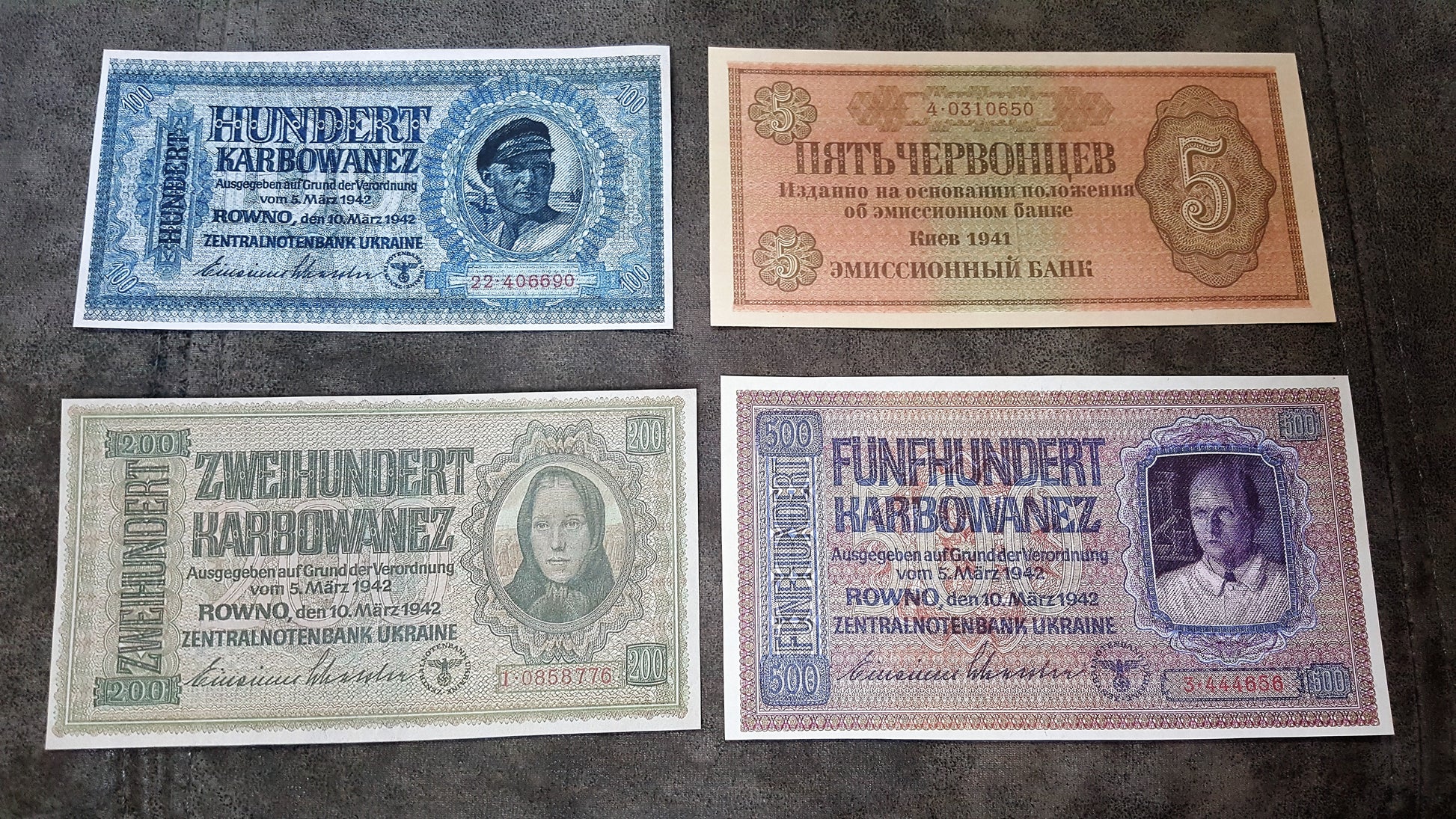 100 + 200 Karbovanetz and 500 Karbovanetz 1942 High Denomination Occupation Banknotes