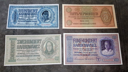 100 + 200 Karbovanetz and 500 Karbovanetz 1942 High Denomination Occupation Banknotes