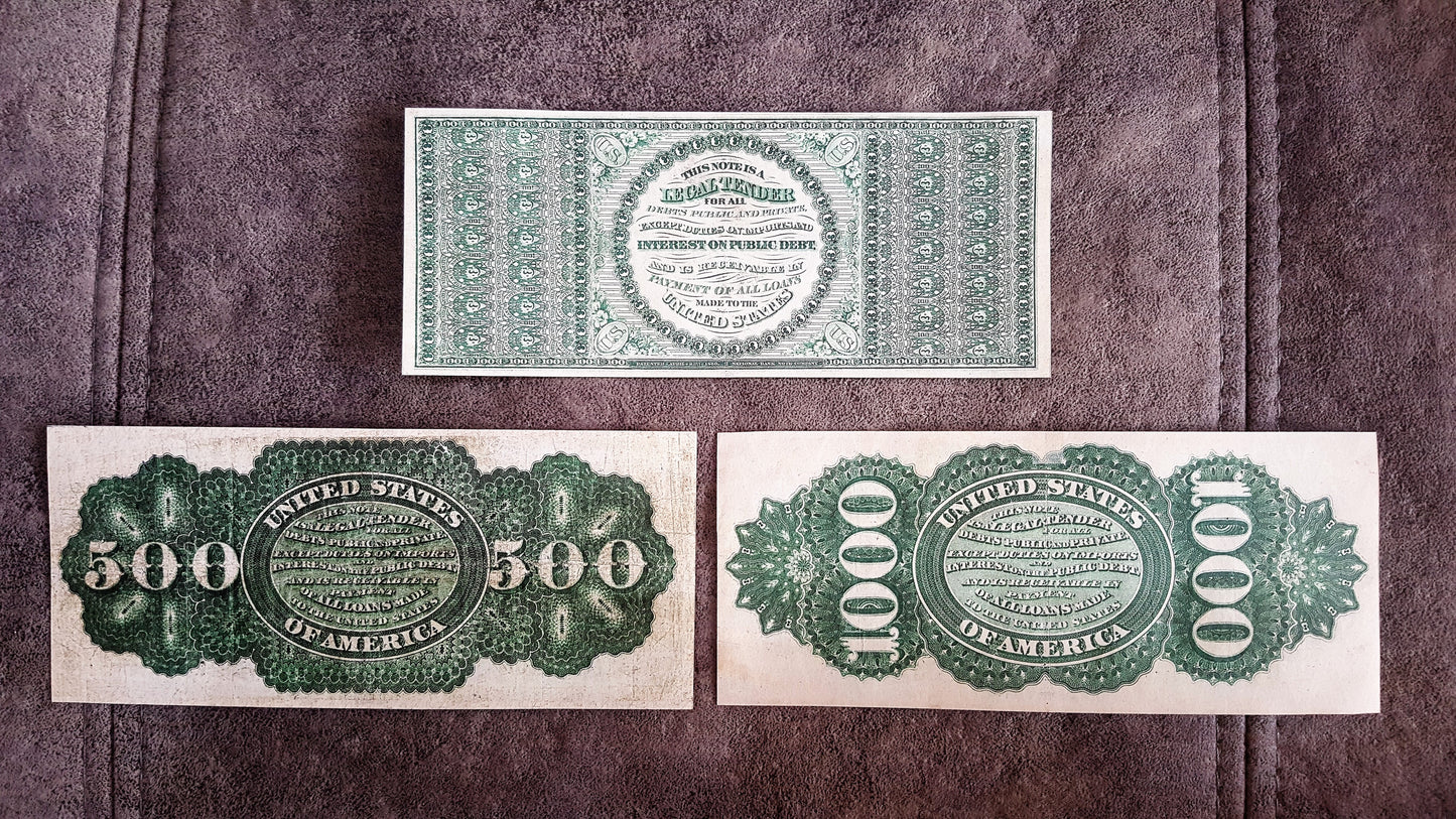 100, 500 and 1000 Dollar 1862-1863 High Denomination US Legal Tender Notes back