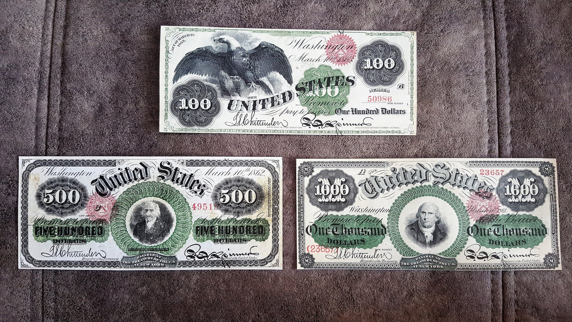 100, 500 and 1000 Dollar 1862-1863 High Denomination US Legal Tender Notes