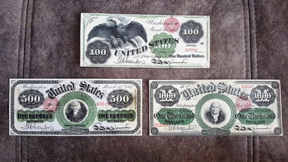 100, 500 and 1000 Dollar 1862-1863 High Denomination US Legal Tender Notes