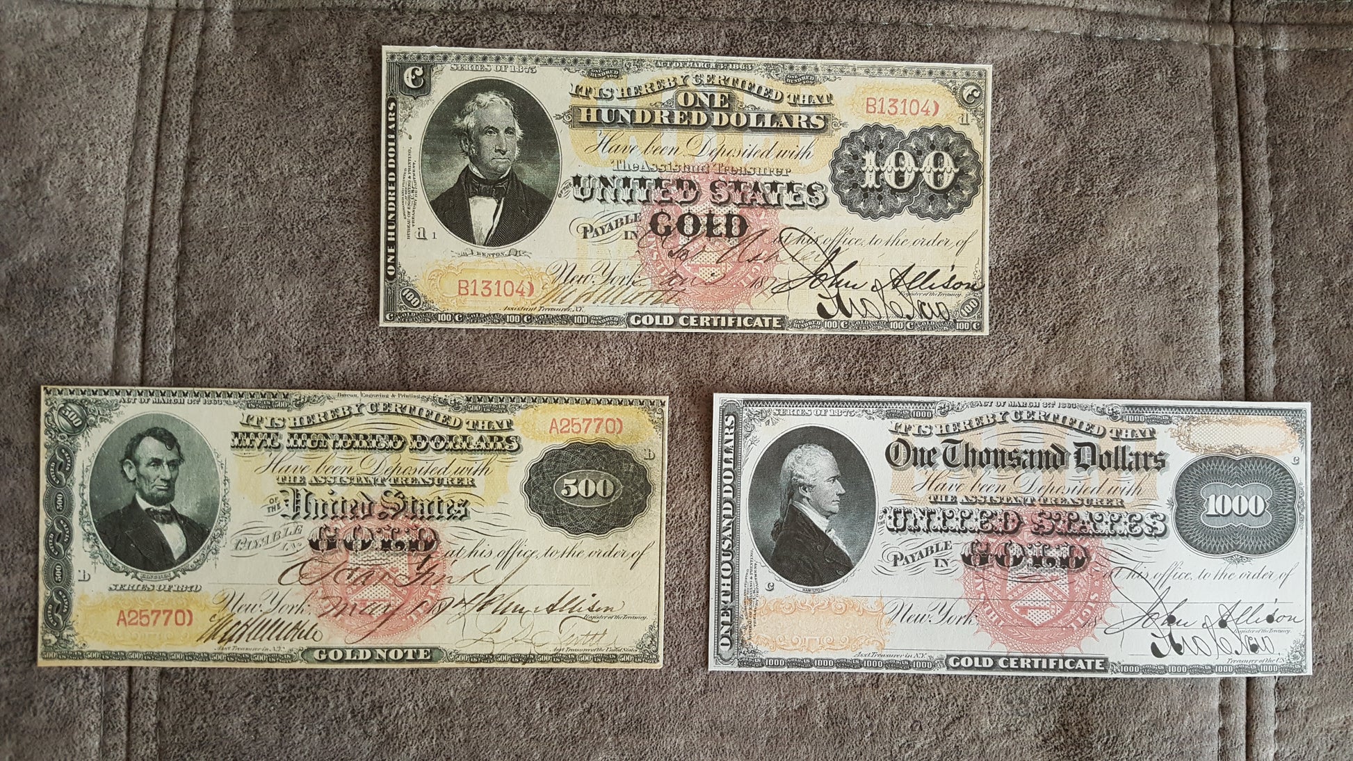 100, 500 and 1000 Dollar 1875 US Gold Certificates