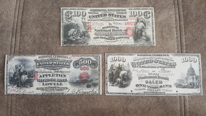 100 Dollar and 500 Dollar and 1000 1875 US National Banknotes