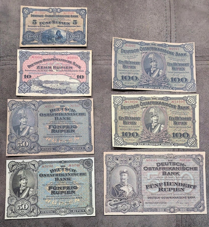 Reprint on paper with W/M German East Africa 5, 10, 50, 100, 500 Rupien 1905 NEW