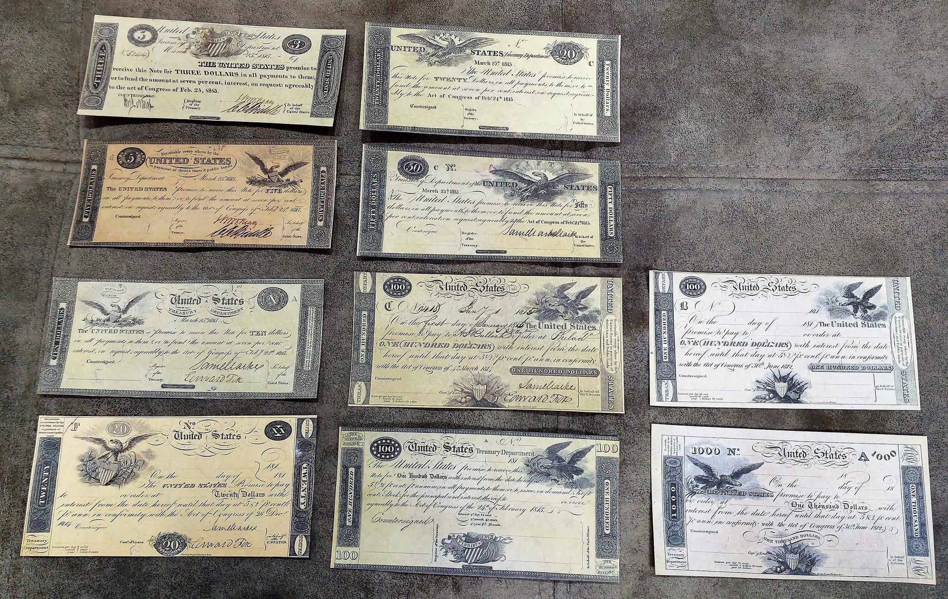 1812-1815 Early US Treasury Numismatic Notes Set of 10 Bills