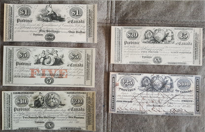 1850 Province of Canada Numismatic Currency Notes Set of 5 Bills