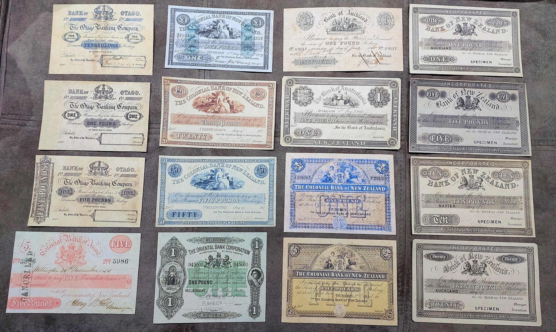 1852-1889 New Zealand & Australia Colonial Era Pound Banknotes Complete Set I