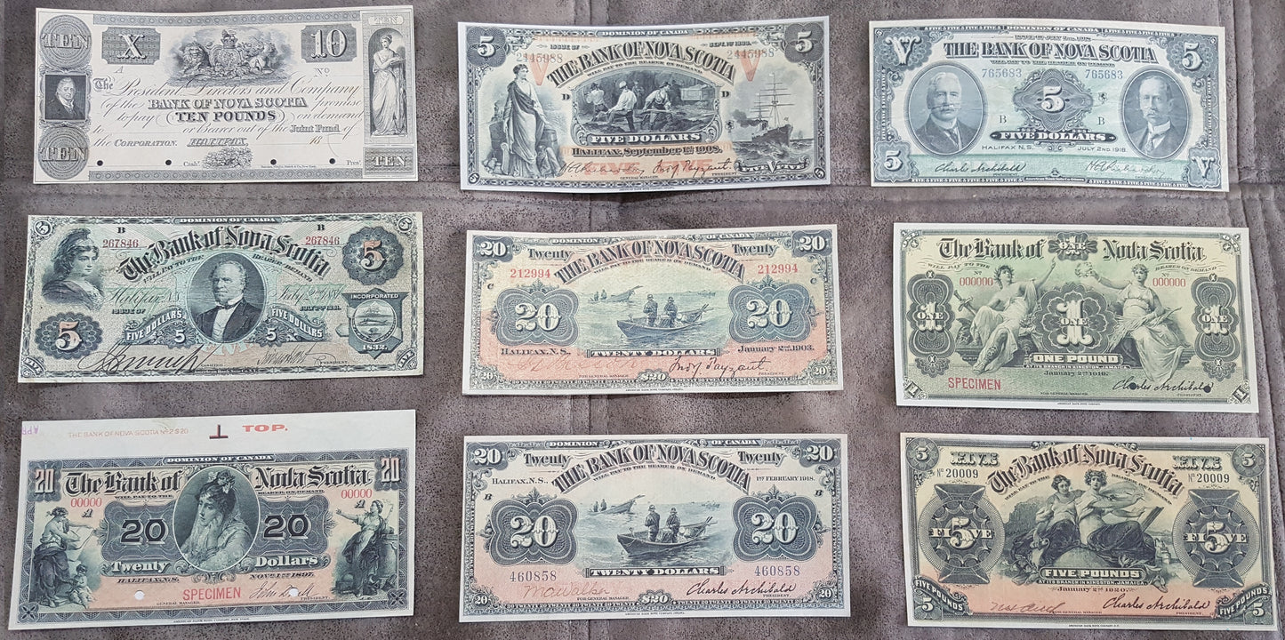1852-1920 Canada Bank of Nova Scotia Numismatic Notes Set of 9 Bills
