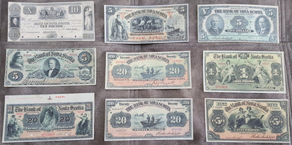 1852-1920 Canada Bank of Nova Scotia Numismatic Notes Set of 9 Bills