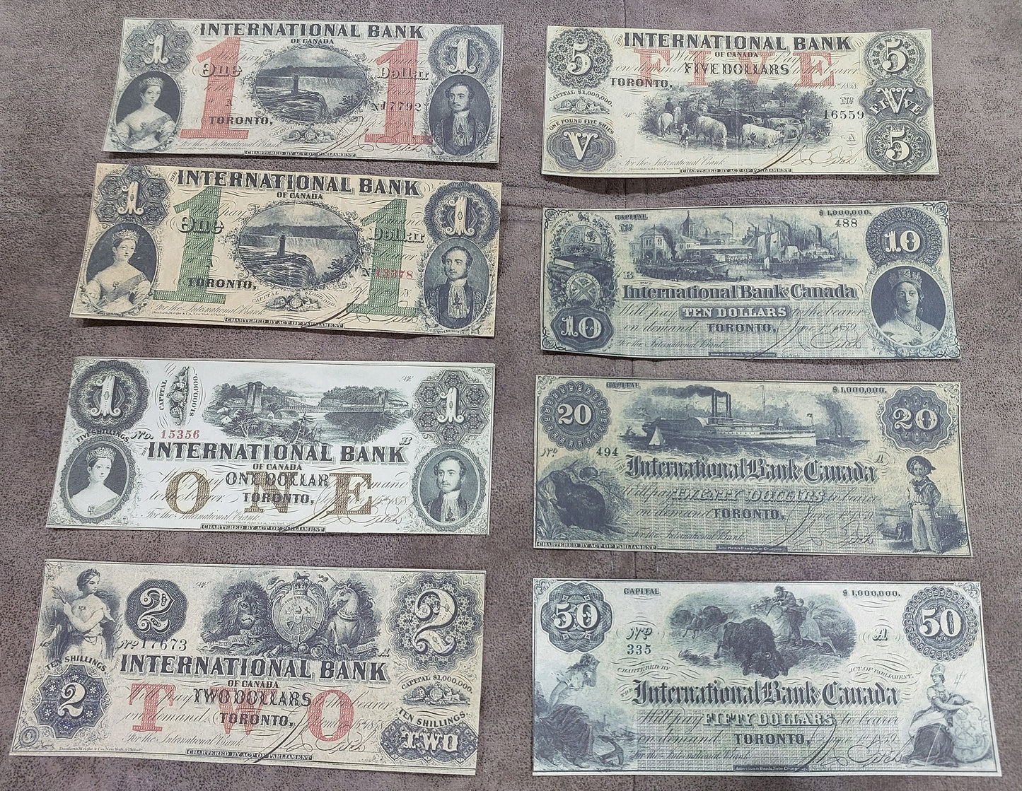 1858-1859 Canada International Bank Obsolete Numismatic Notes Set of 8 Bills