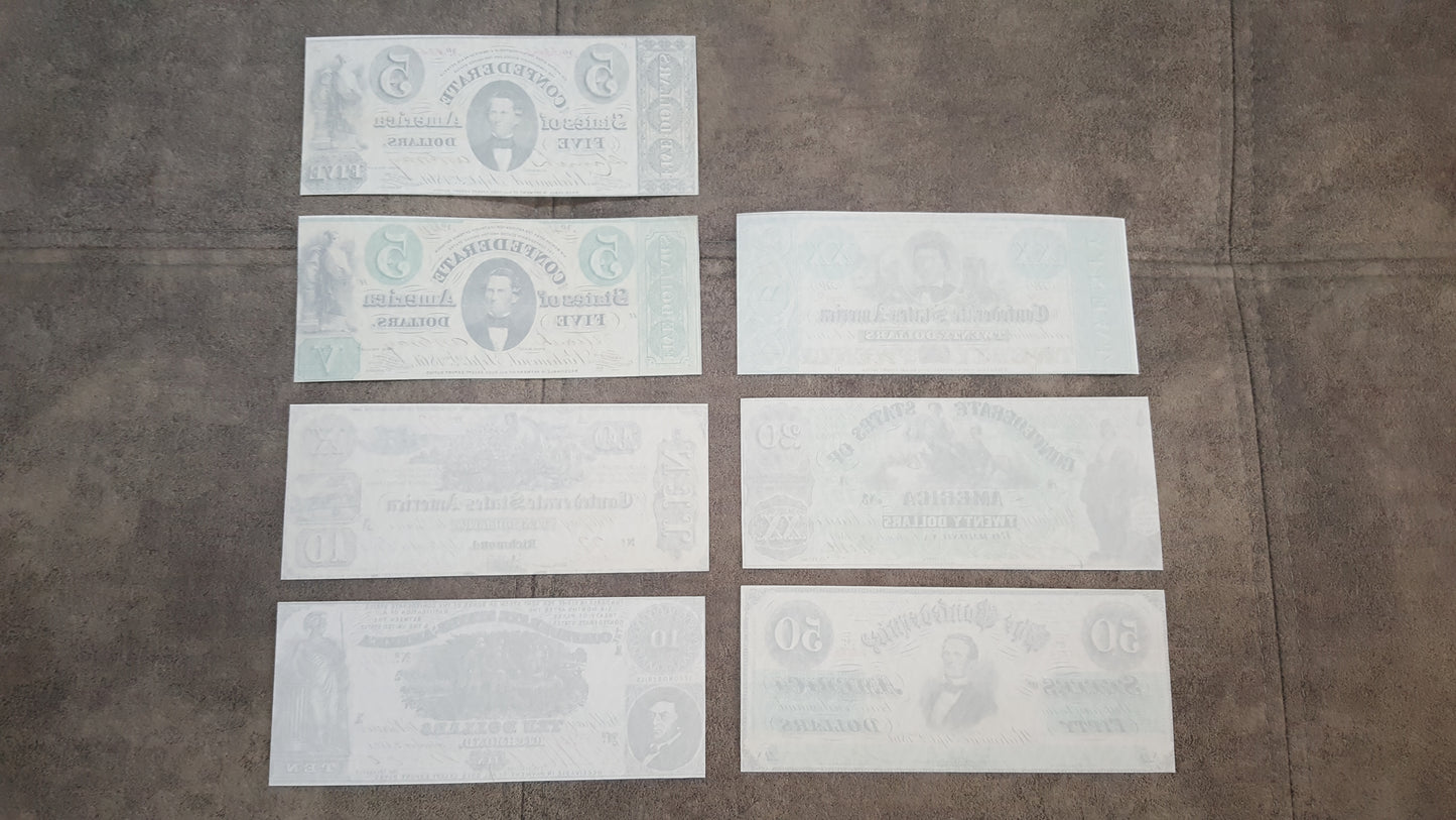 1861-1862 Confederate States Banknotes Green Set Reverse Side