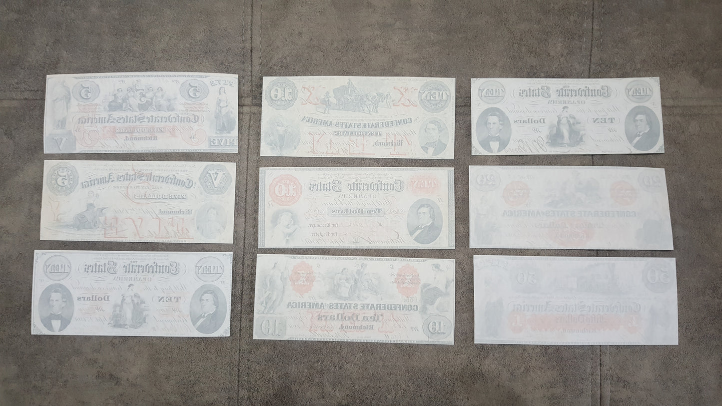 1861-1862 Confederate States Banknotes Red Set Reverse Side
