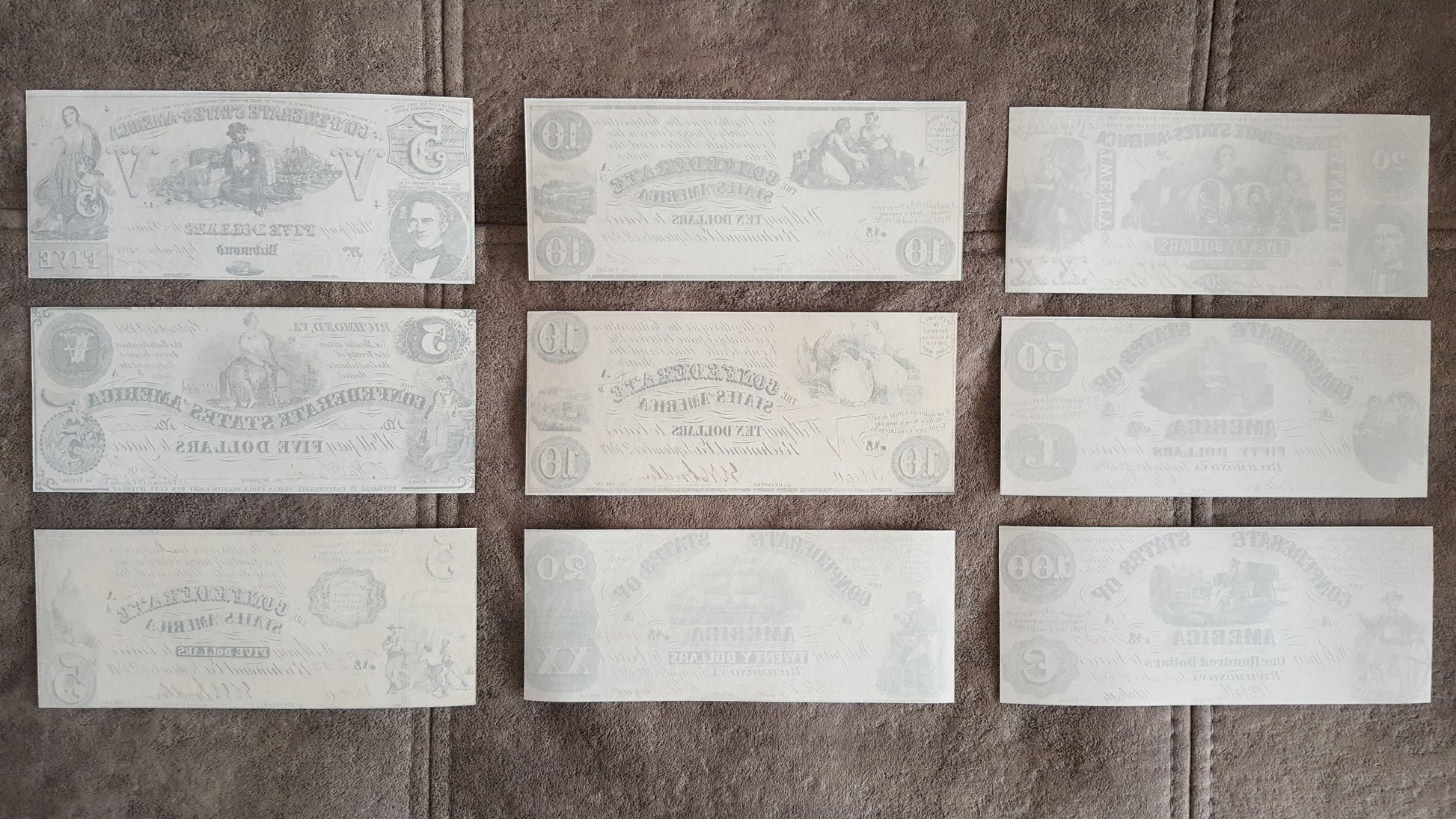1861-1862 Confederate States Banknotes Reverse Side Set