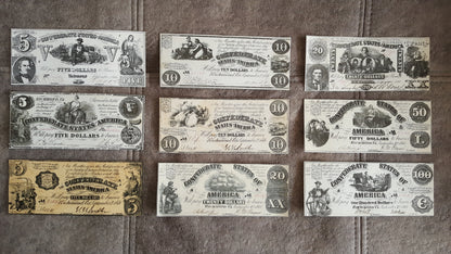 1861-1862 Confederate States Black Series Numismatic Currency Set of 9 Bills