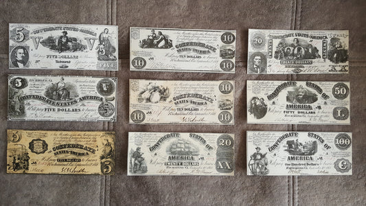 1861-1862 Confederate States Black Series Numismatic Currency Set of 9 Bills