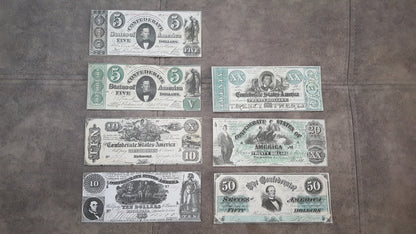 1861-1862 Confederate States Green Series Numismatic Currency Set of 7 Bills